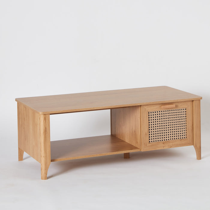 Rectangular Wooden Coffee Table with Rattan Print Storage Drawer