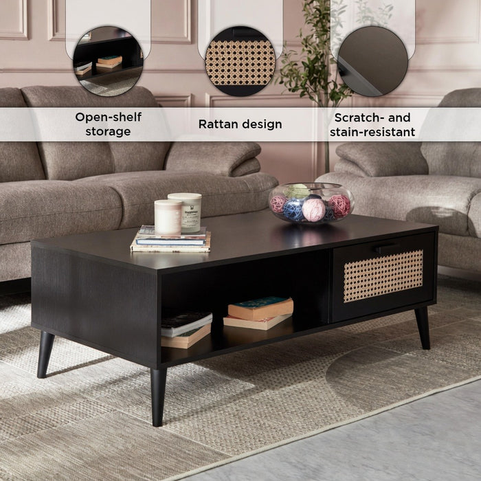 Rectangular Wooden Coffee Table with Rattan Print Drawer (Brown, Black)