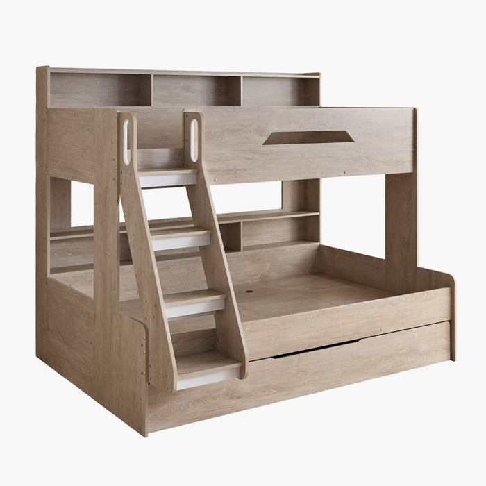 Single over Double Bunk Bed Frame with Pull-Out Trundle & Shelves (90x200 & 120x200 cm)