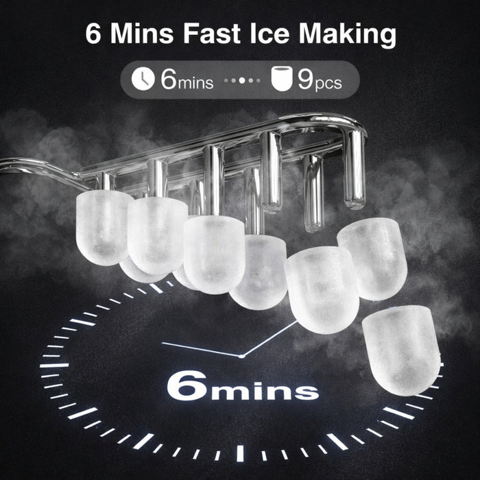 Portable Countertop Ice Maker 12KG/24H, 9 Cubes in 6 Minutes, Self-Cleaning