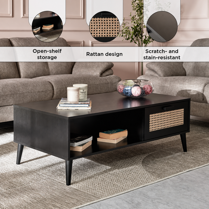 Rectangular Wooden Coffee Table with Rattan Print Drawer (Black, Brown)