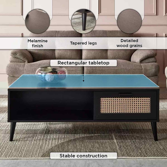 Rectangular Wooden Coffee Table with Rattan Print Drawer (Black, Brown)