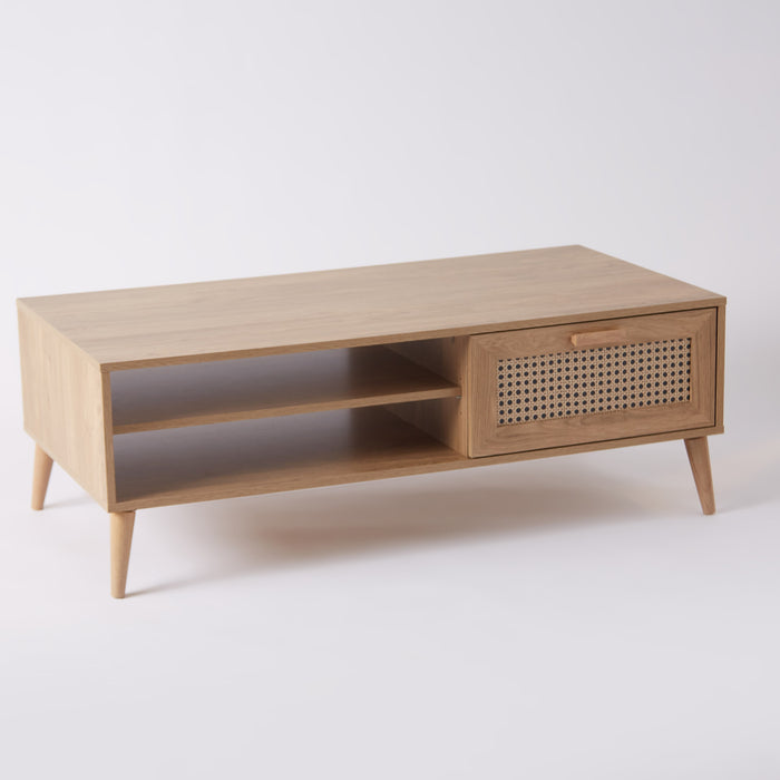 Rectangular Wooden Coffee Table with Rattan Print Drawer (Black, Brown)