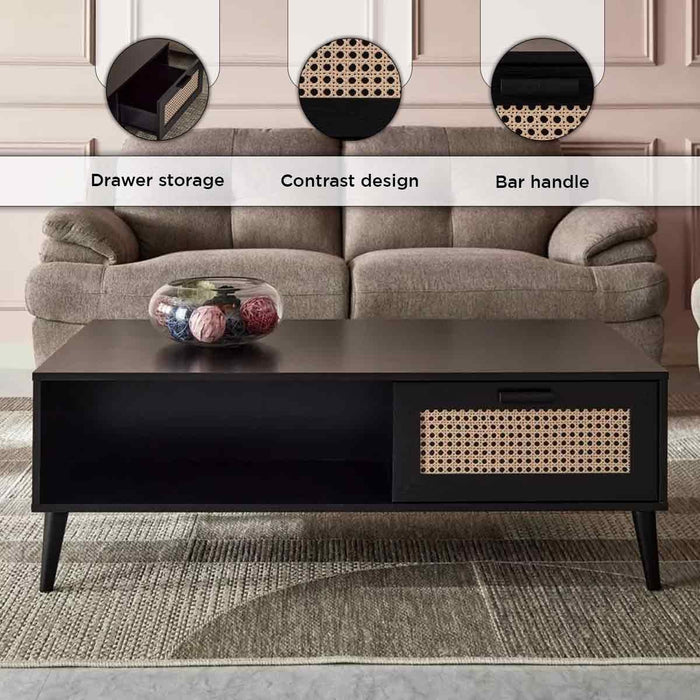 Rectangular Wooden Coffee Table with Rattan Print Drawer (Black, Brown)
