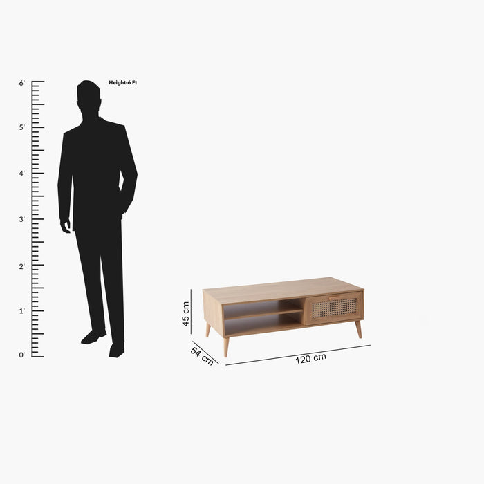 Rectangular Wooden Coffee Table with Rattan Print Drawer (Black, Brown)