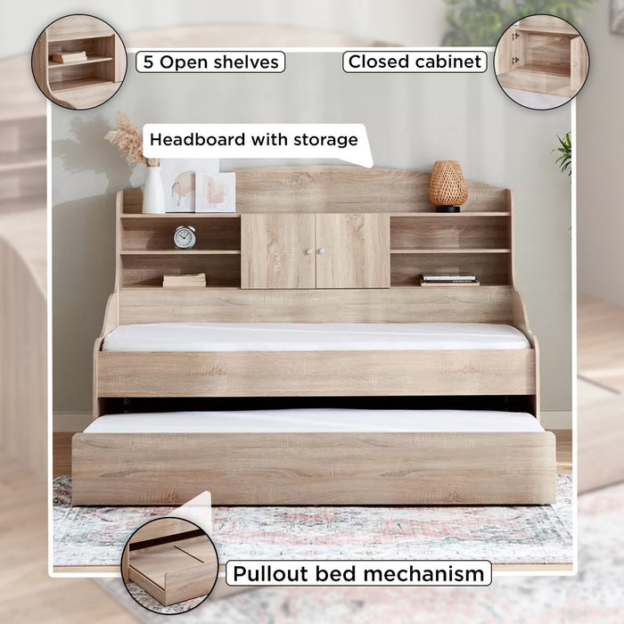 Single Cabin Bed with Pull-Out Trundle Bed - 90x190 cm (Beige / Brown)