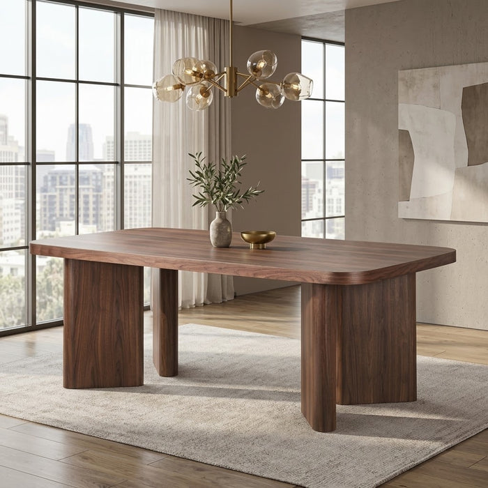 Modern Walnut Finish 6-Seater Dining Set with Upholstered Chairs