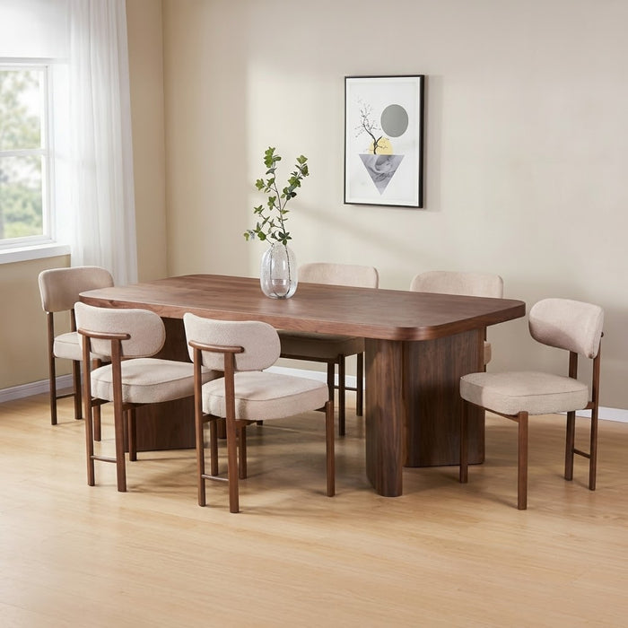 Modern Walnut Finish 6-Seater Dining Set with Upholstered Chairs