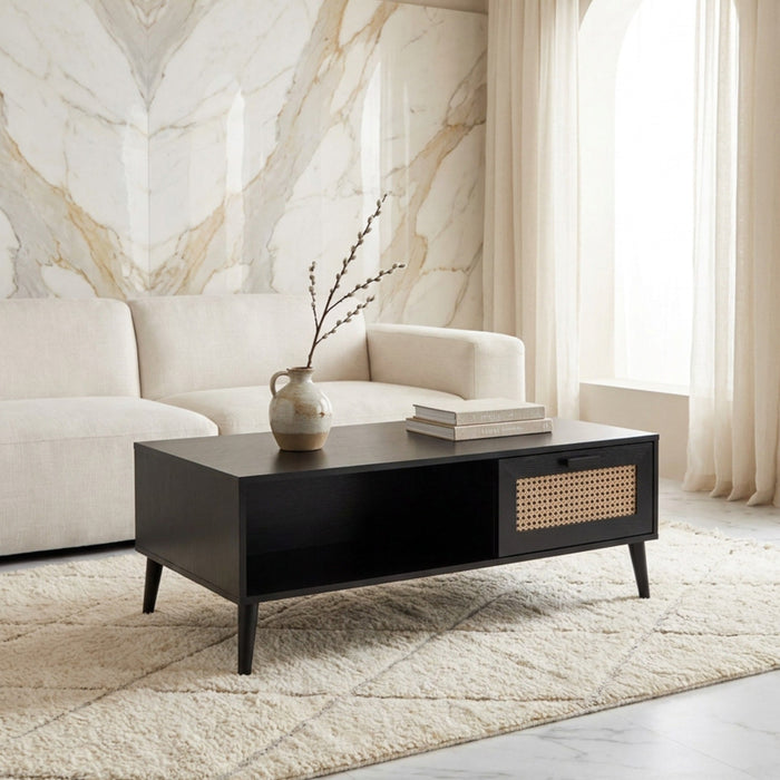 Rectangular Wooden Coffee Table with Rattan Print Drawer (Brown, Black)