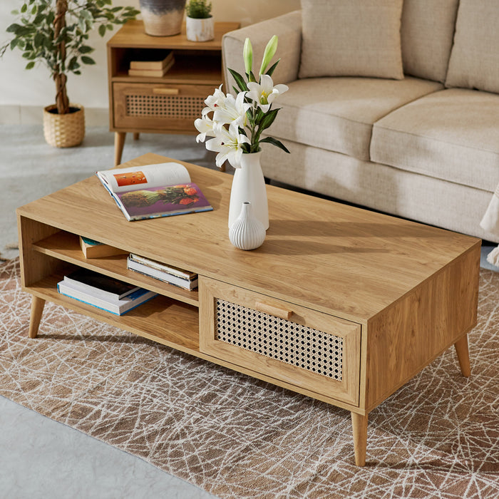 Rectangular Wooden Coffee Table with Rattan Print Drawer (Black, Brown)