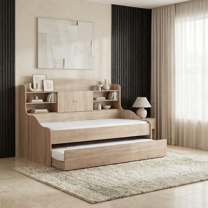 Single Cabin Bed with Pull-Out Trundle Bed - 90x190 cm (Beige / Brown)