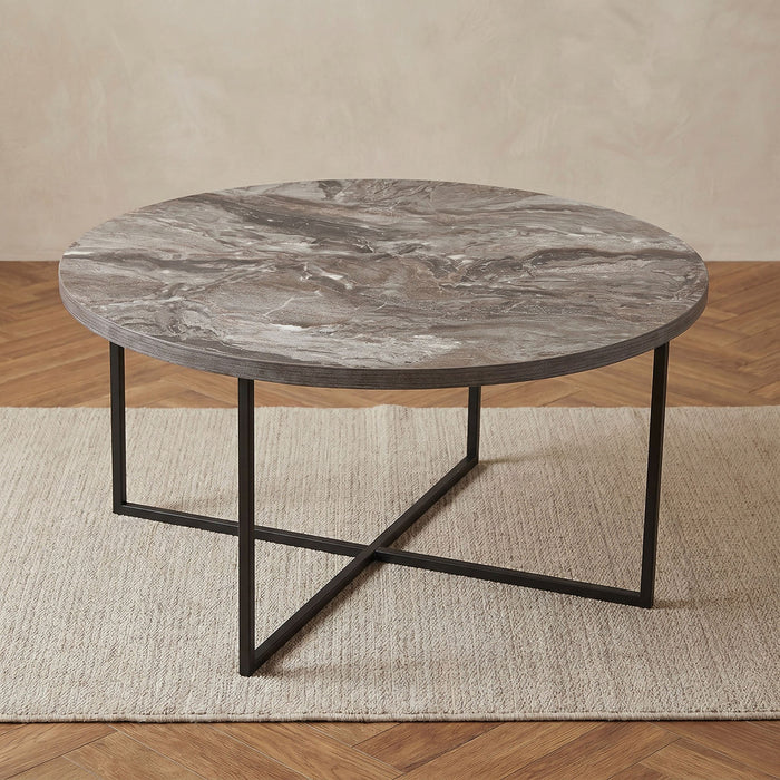 Round Wooden Coffee Table with Cross Metal Base (Beige, Grey, Brown)