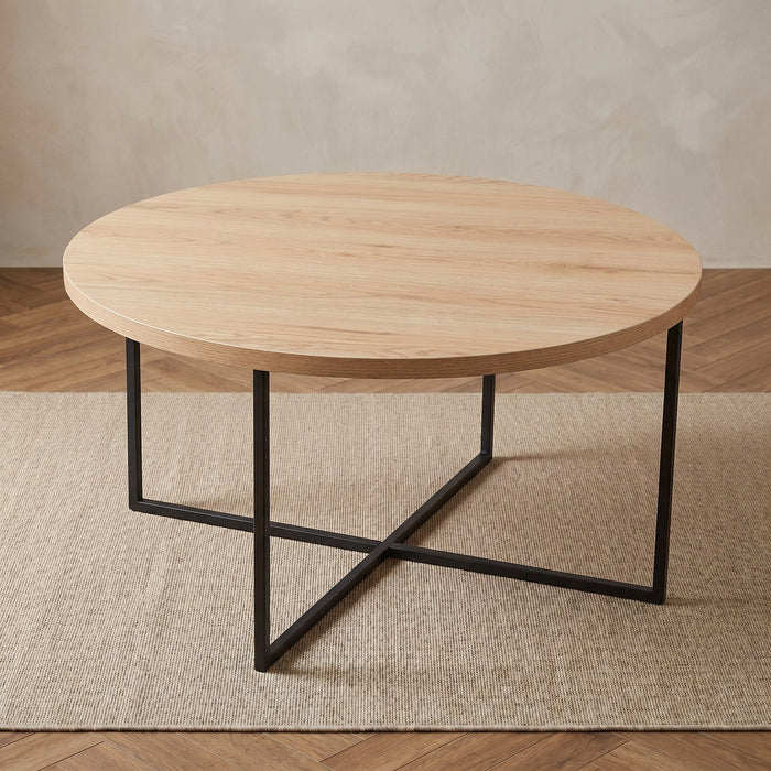 Round Wooden Coffee Table with Cross Metal Base (Beige, Grey, Brown)