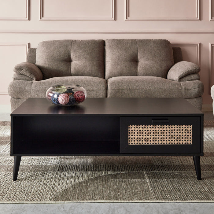 Rectangular Wooden Coffee Table with Rattan Print Drawer (Black, Brown)