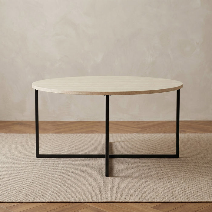 Round Wooden Coffee Table with Cross Metal Base (Beige, Grey, Brown)