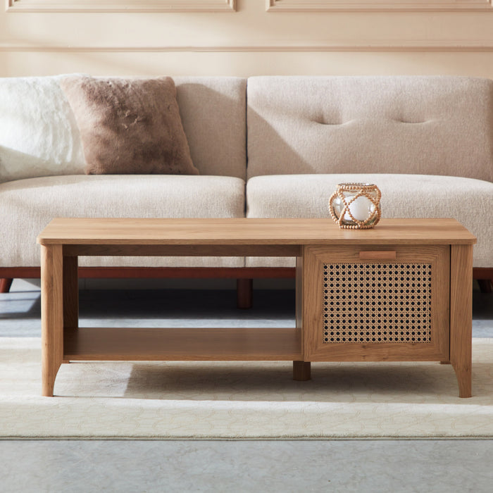 Rectangular Wooden Coffee Table with Rattan Print Storage Drawer