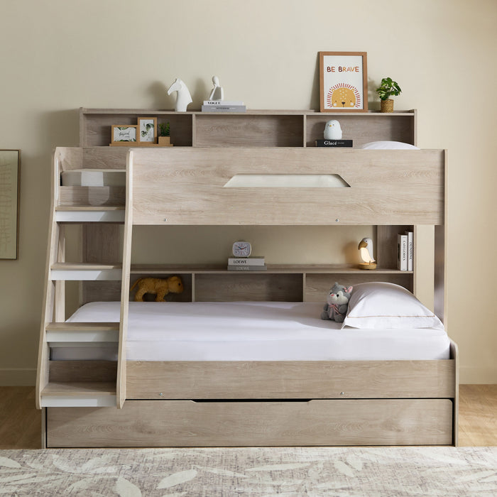 Single over Double Bunk Bed Frame with Pull-Out Trundle & Shelves (90x200 & 120x200 cm)
