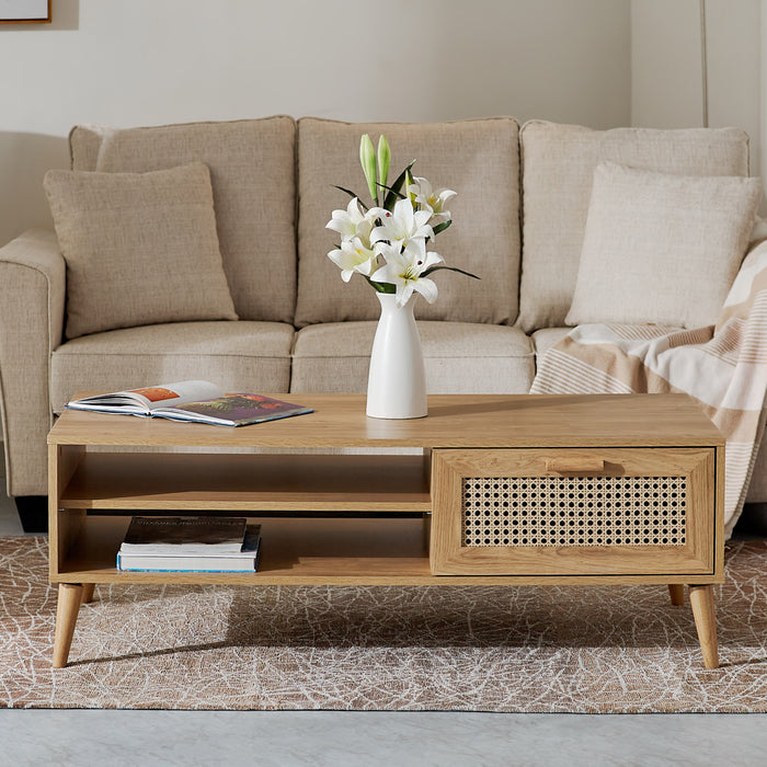 Rectangular Wooden Coffee Table with Rattan Print Drawer (Brown, Black)