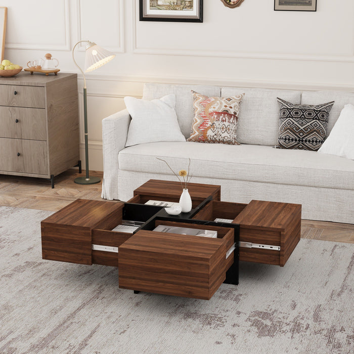 Contemporary Square Coffee Table with 4-Way Storage Drawers