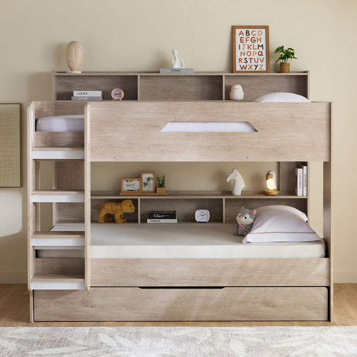 3-in-1 Kids Bunk Bed with Pull-Out Trundle & Integrated Shelves (90x200 cm)