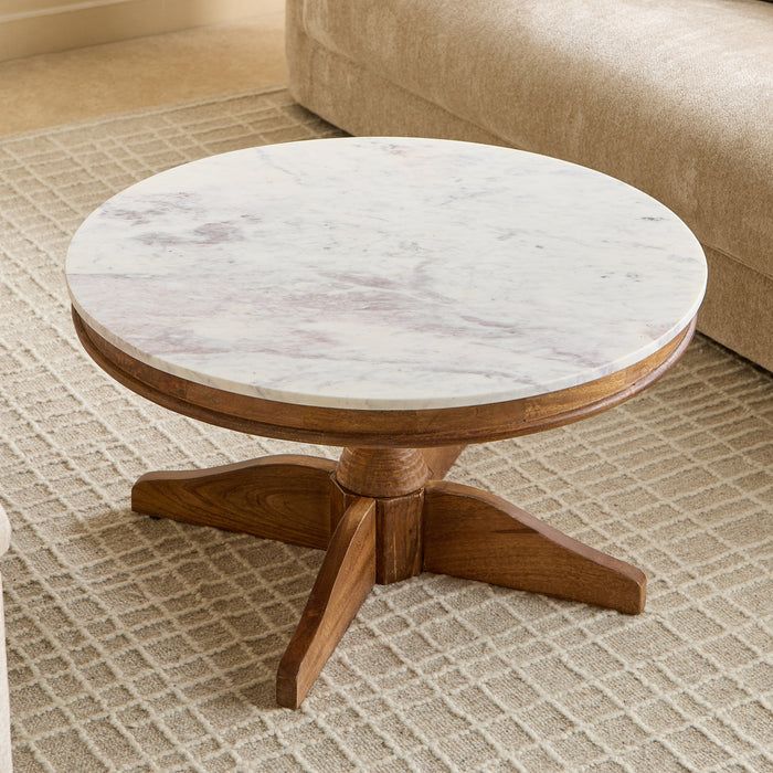 Round Genuine Marble Top Coffee Table with Solid Wood Base