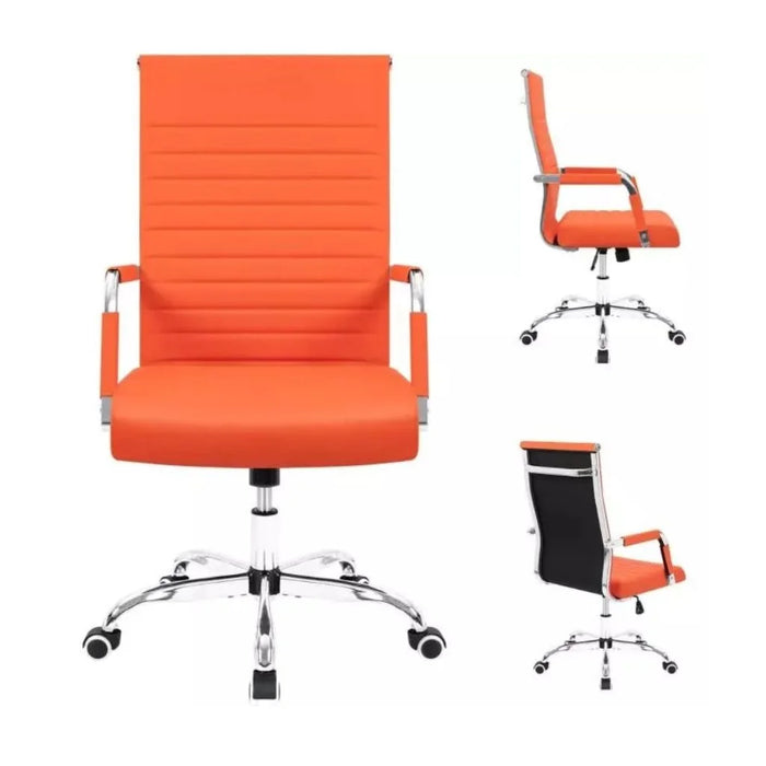 Furmax Ribbed Mid-Back Office Desk Chair, PU Executive Conference Chair with Adjustable Height, Swivel Function, Padded Armrests - Orange