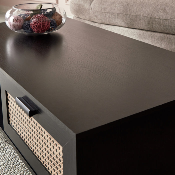 Rectangular Wooden Coffee Table with Rattan Print Drawer (Black, Brown)