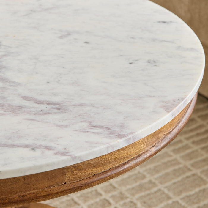 Round Genuine Marble Top Coffee Table with Solid Wood Base