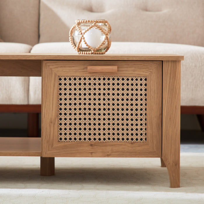 Rectangular Wooden Coffee Table with Rattan Print Storage Drawer