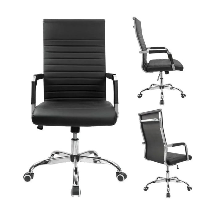Furmax Ribbed Office Desk Mid-Back PU Leather Executive Conference Chair - Black