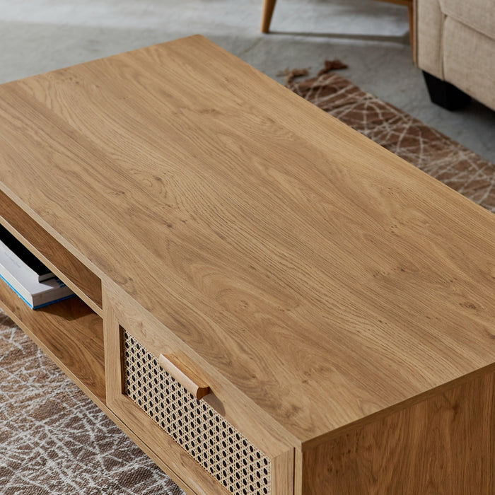 Rectangular Wooden Coffee Table with Rattan Print Drawer (Brown, Black)