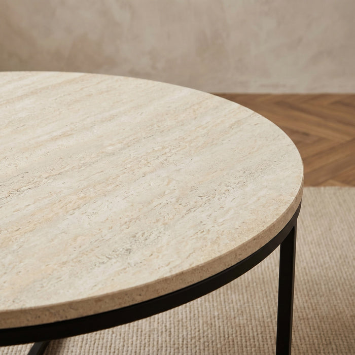 Round Wooden Coffee Table with Cross Metal Base (Beige, Grey, Brown)