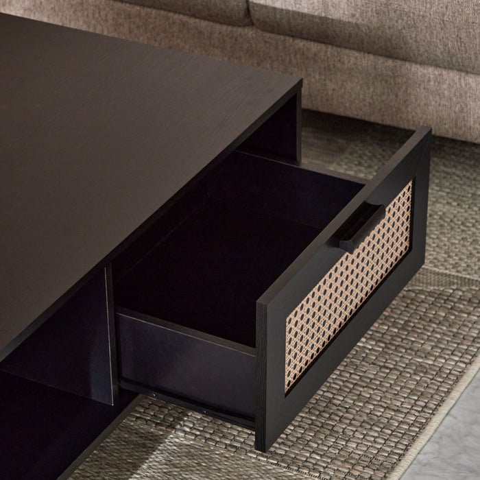 Rectangular Wooden Coffee Table with Rattan Print Drawer (Black, Brown)