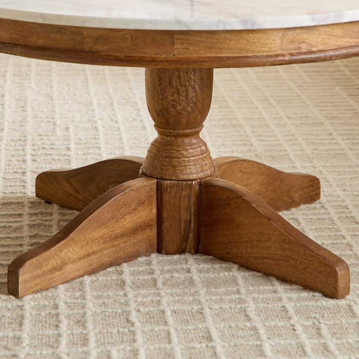 Round Genuine Marble Top Coffee Table with Solid Wood Base