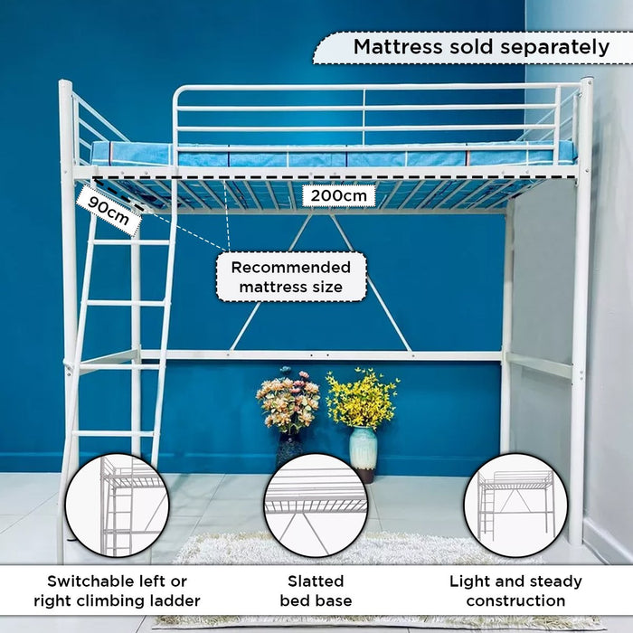 Metal Single Loft Bed Frame with Reversible Ladder (90x200 cm)