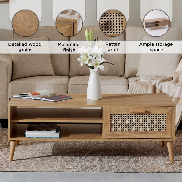 Rectangular Wooden Coffee Table with Rattan Print Drawer (Brown, Black)