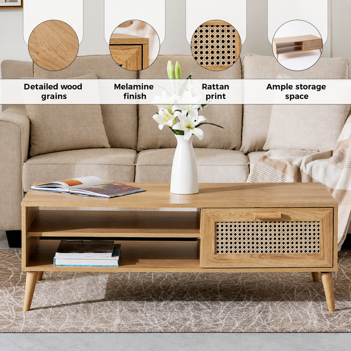 Rectangular Wooden Coffee Table with Rattan Print Drawer (Black, Brown)