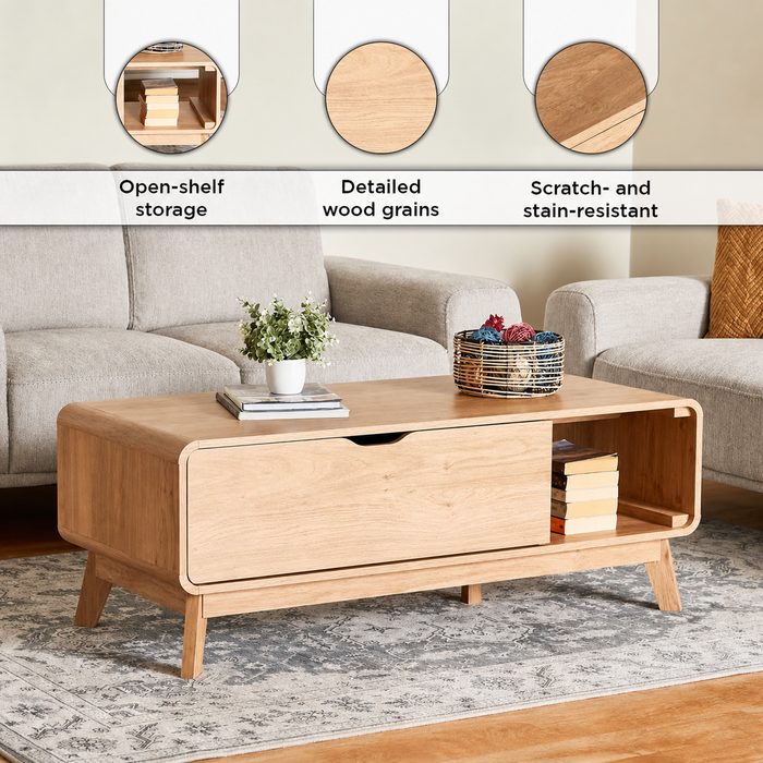Mid-Century Rectangular Wooden Coffee Table with Storage Door