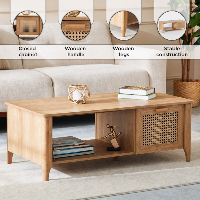 Rectangular Wooden Coffee Table with Rattan Print Storage Drawer