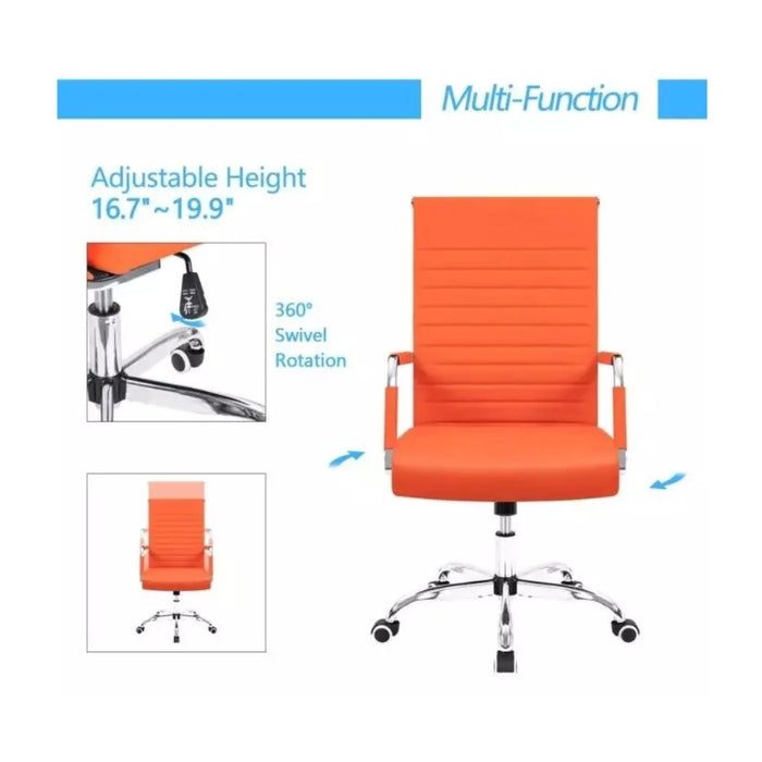 Furmax Ribbed Mid-Back Office Desk Chair, PU Executive Conference Chair with Adjustable Height, Swivel Function, Padded Armrests - Orange