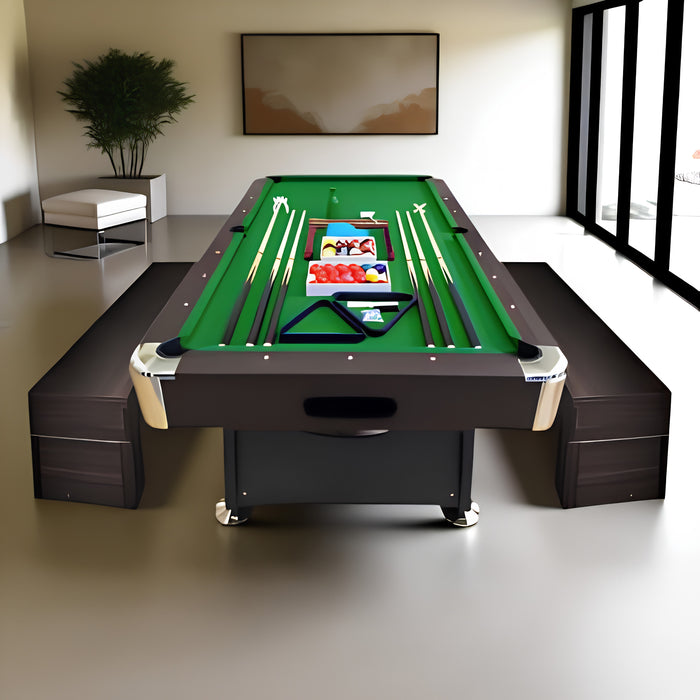 8FT Vintage Green Billiard Table with Storage Benches