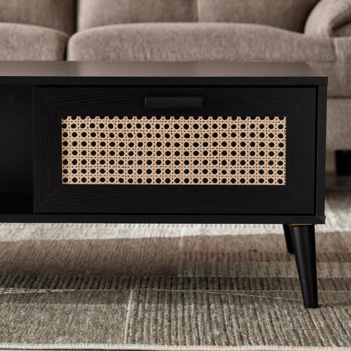 Rectangular Wooden Coffee Table with Rattan Print Drawer (Black, Brown)