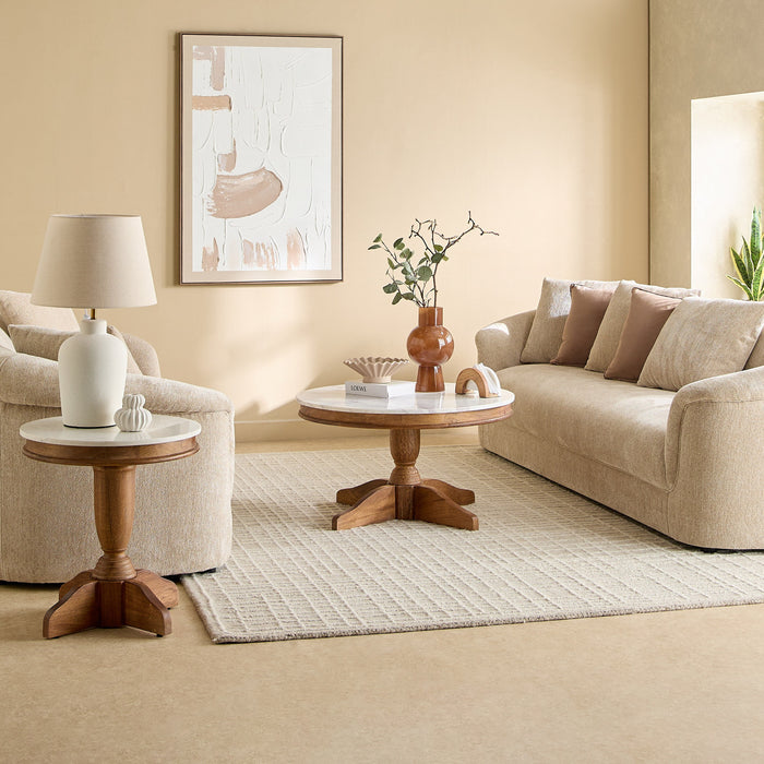 Round Genuine Marble Top Coffee Table with Solid Wood Base