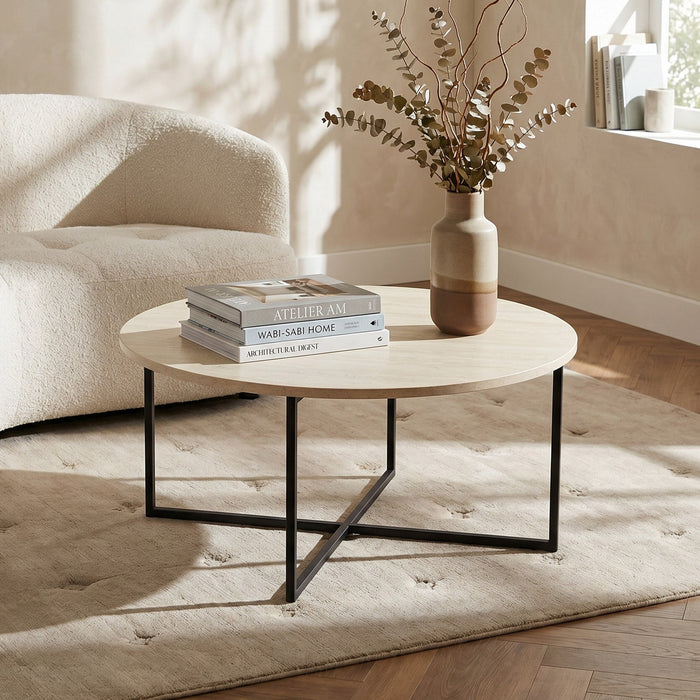Round Wooden Coffee Table with Cross Metal Base (Beige, Grey, Brown)