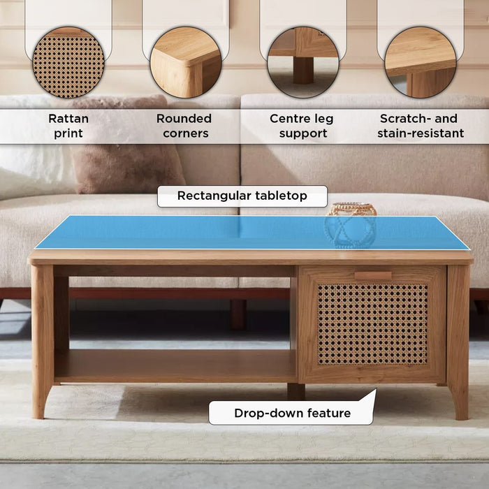 Rectangular Wooden Coffee Table with Rattan Print Storage Drawer