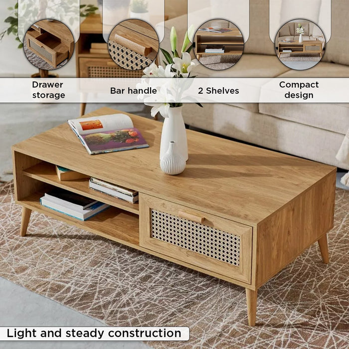 Rectangular Wooden Coffee Table with Rattan Print Drawer (Black, Brown)