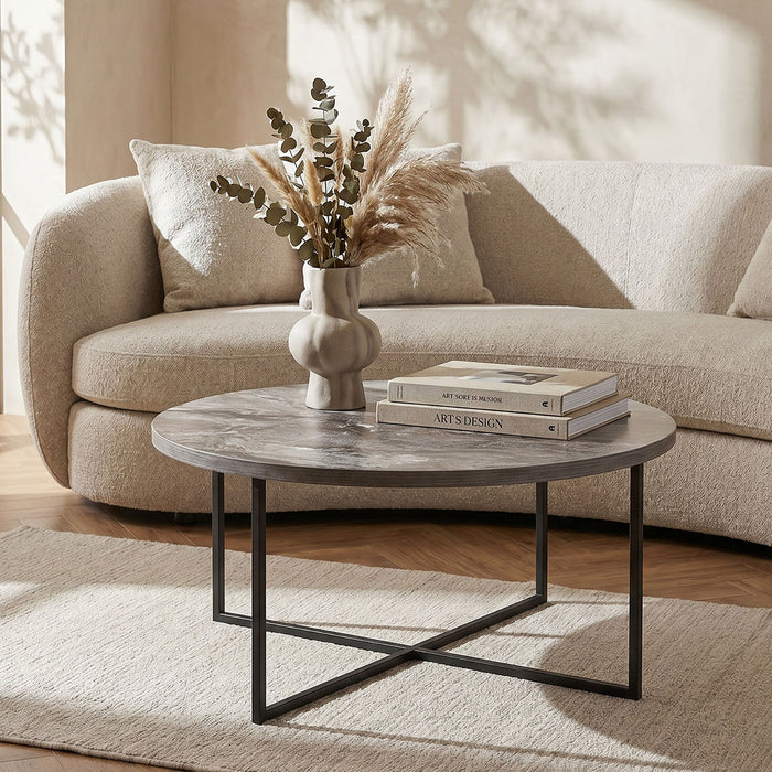 Round Wooden Coffee Table with Cross Metal Base (Beige, Grey, Brown)