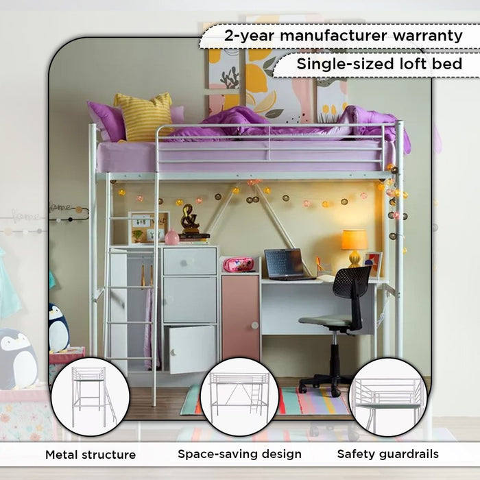 Metal Single Loft Bed Frame with Reversible Ladder (90x200 cm)