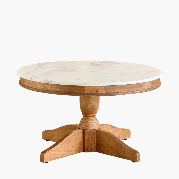 Round Genuine Marble Top Coffee Table with Solid Wood Base