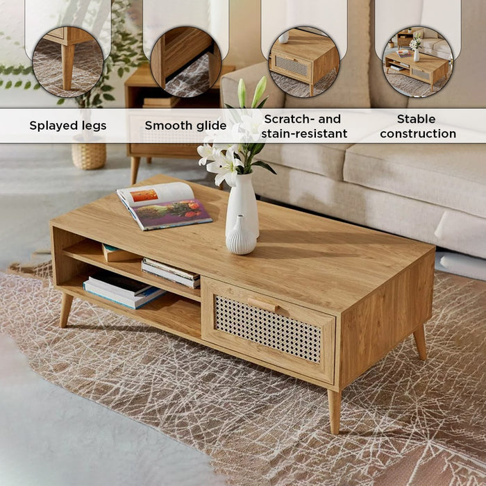 Rectangular Wooden Coffee Table with Rattan Print Drawer (Black, Brown)